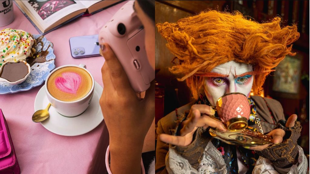 Colage realizado en Canva. Con imagen de cafeteria tematica El Café Rosa y Wonderland Café. Muestra un café de color rosa y al sombrerero  tomando café. Ambas imágenes sacadas de las cuentas de Instagram oficiales de los locales. 