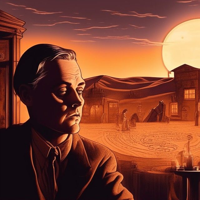 Ilustración realizada por Andrea Hoare en la plataforma de AI Artbreeder inspirada en el personaje de Leonardo DiCaprio en Los Asesinos de Luna. En la foto se ve a un rostro parecido al del actor mirando al infinito, en el fondo se distingue un pueblo indígena.